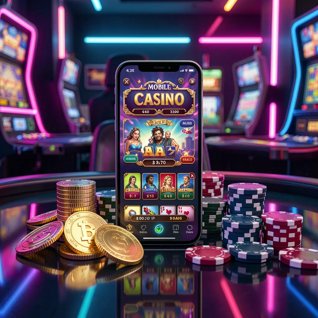 SA696 mobile casino dashboard concept on smartphone displaying colorful gaming interface with golden coins and poker chips on glossy table under elegant neon lighting