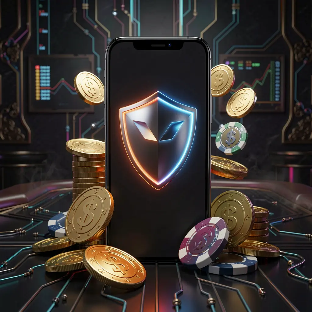 SA696 secure mobile casino app concept showing a smartphone with a glowing shield icon surrounded by golden coins and chips against a dark luxury cyber background in a realistic 3D render