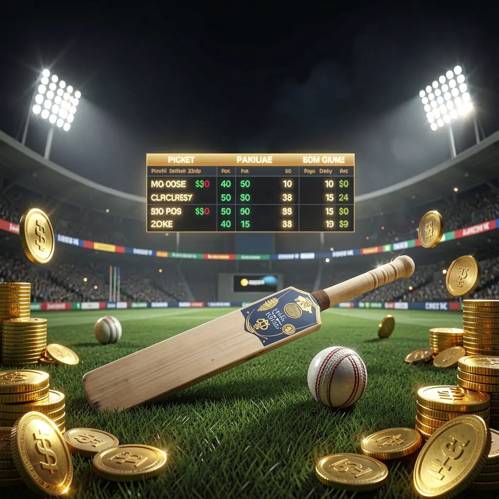SA696 cricket betting page hero banner featuring a cricket stadium at night with bright floodlights, a cricket bat and ball on a green pitch, glowing odds panels, and golden coins in a premium dark cinematic 3D render atmosphere