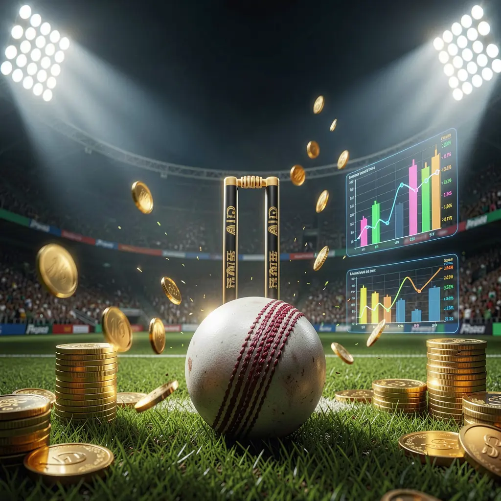 SA696 cricket betting page background featuring a dramatic stadium with floodlights, a cricket ball in the foreground, wickets behind, and golden coins alongside glowing data charts