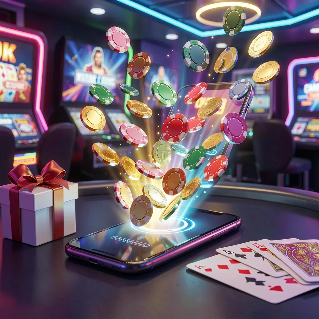 SA696 mobile casino bonus scene showing a modern smartphone with glowing casino chips and coins emerging from the screen, accompanied by a gift box and playing cards in a bright neon casino atmosphere SA696 mobile casino bonus scene showing a modern smartphone with glowing casino chips and coins emerging from the screen, accompanied by a gift box and playing cards in a bright neon casino atmosphere