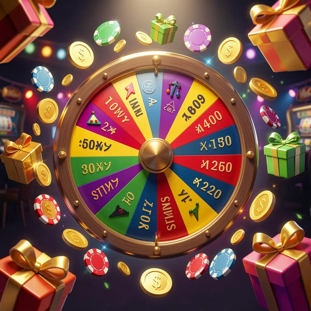 SA696 online casino bonus wheel with colorful prize wheel surrounded by golden coins, chips, and gift boxes, glowing casino lights creating an exciting jackpot atmosphere on a dark background SA696 online casino bonus wheel with colorful prize wheel surrounded by golden coins, chips, and gift boxes, glowing casino lights creating an exciting jackpot atmosphere on a dark background