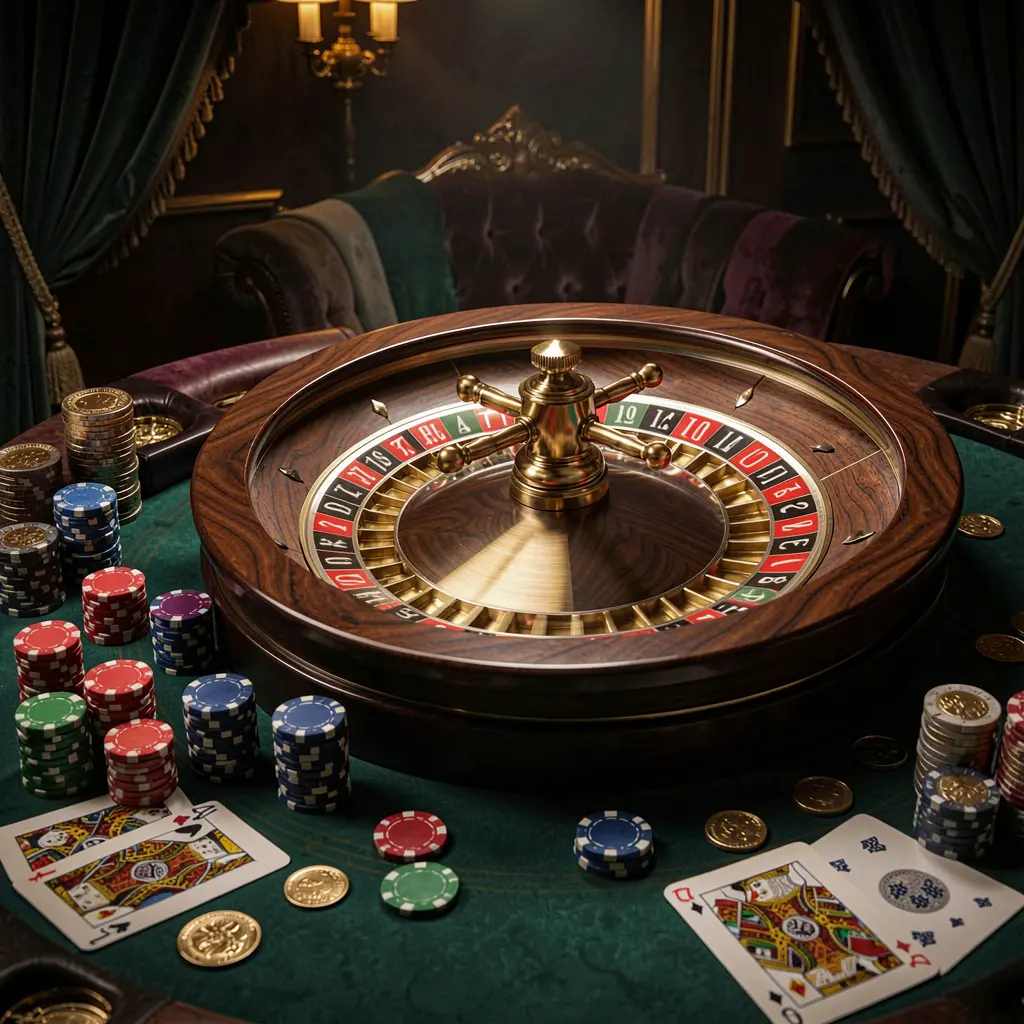 SA696 classic casino scene featuring a spinning roulette wheel, scattered chips, playing cards, and coins on a table with an elegant dark background and cinematic lighting