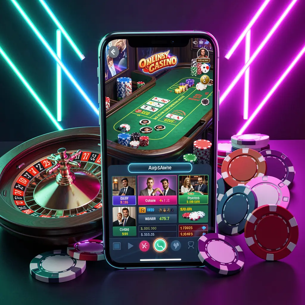 SA696 online casino platform concept with a smartphone displaying a glowing casino interface, surrounded by a roulette wheel and poker chips on a premium neon background