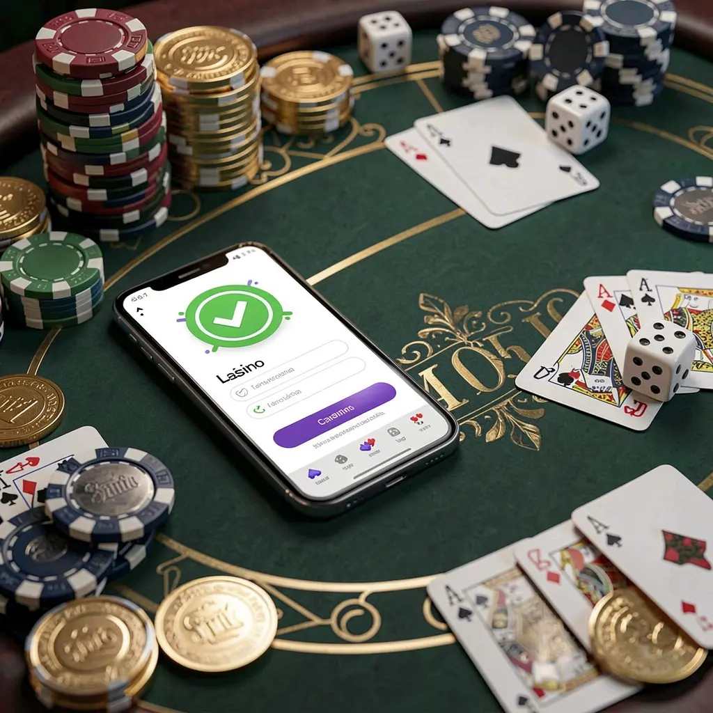SA696 safe casino login concept showing a smartphone with verification checkmark icon surrounded by chips, cards, dice, and golden coins on an elegant luxury casino table in a 3D realistic render SA696 safe casino login concept showing a smartphone with verification checkmark icon surrounded by chips, cards, dice, and golden coins on an elegant luxury casino table in a 3D realistic render