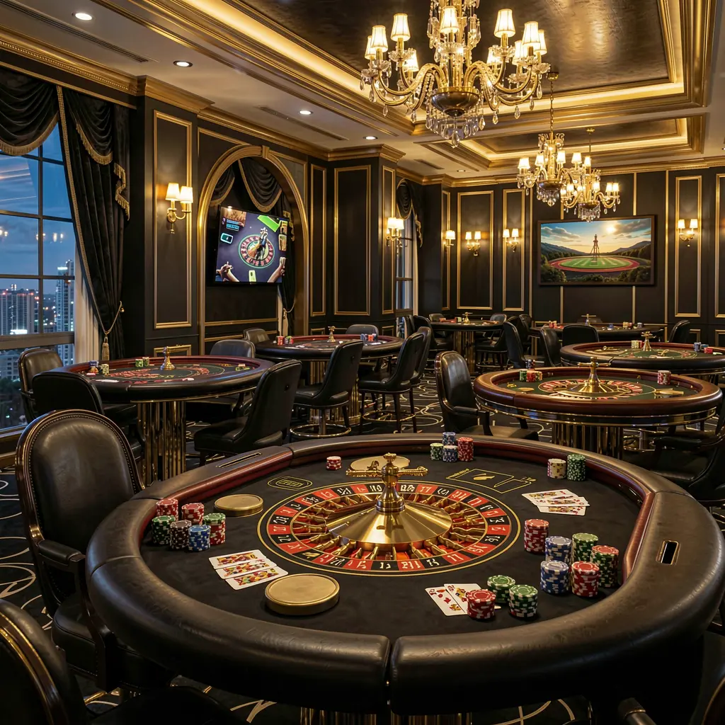 SA696 luxury online casino lobby with glowing roulette tables, golden lights, poker chips and cards in a premium black and gold design SA696 luxury online casino lobby with glowing roulette tables, golden lights, poker chips and cards in a premium black and gold design